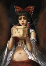 Rule 34 | 1girl, amibazh, ascot, black background, bow, box, brown background, brown eyes, brown hair, collar, dark background, detached sleeves, donation box, drooling, fine art parody, frilled bow, frills, hair bow, hair tubes, hakurei reimu, long hair, messy hair, midriff, navel, nontraditional miko, parody, red bow, red shirt, red skirt, ribbon-trimmed sleeves, ribbon trim, shirt, sidelocks, skirt, skirt set, sleeveless, solo, steam, sweat, texture, touhou, white collar, yellow ascot