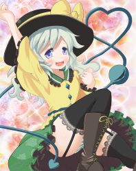 Rule 34 | 1girl, arm up, black thighhighs, blue eyes, blush, boots, bow, cross-laced footwear, eyeball, female focus, garter straps, green hair, hat, heart, heart of string, komeiji koishi, lace, lace-trimmed legwear, lace-up boots, lace trim, leg up, long hair, maromi gou, multicolored eyes, open mouth, panties, pantyshot, purple eyes, skirt, smile, solo, striped clothes, striped panties, thighhighs, third eye, touhou, underwear, upskirt