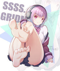 Rule 34 | 1girl, absurdres, barefoot, bow, breasts, button gap, cardigan, collared shirt, feet, foot focus, gridman universe, highres, jacket, large breasts, legs, legs up, light purple hair, looking at viewer, off shoulder, oyo98, pink neckwear, purple bow, purple jacket, purple neckwear, shinjou akane, shirt, sitting, smile, soles, ssss.gridman, toe scrunch, toenails, toes, white cardigan
