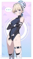 Rule 34 | ..., 1girl, aoi suzu, black gloves, blonde hair, blue archive, blue eyes, boots, breasts, bruise, bun cover, commentary request, covered navel, elbow gloves, fingerless gloves, gauze, gloves, halo, highleg, highleg leotard, highres, injury, leotard, looking at viewer, maid headdress, medium breasts, ribbon, simple background, solo, spoken ellipsis, thigh boots, thigh strap, toki (blue archive), torn clothes, torn leotard, twitter username, watermark