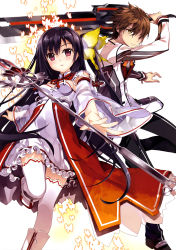 Rule 34 | 1boy, 1girl, absurdres, black hair, breasts, brown eyes, brown hair, butterfly hair ornament, detached sleeves, dress, fujima takuya, hair ornament, hair over one eye, highres, holding, holding sword, holding weapon, leg up, looking at viewer, neck ribbon, orange ribbon, red ribbon, ribbon, scan, see-through silhouette, shuuen sekai no rebellion, side ponytail, small breasts, spiked hair, sword, thighhighs, uniform, weapon, white thighhighs