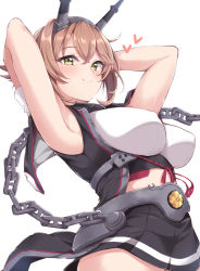 Rule 34 | 1girl, armpits, arms behind head, black skirt, breasts, brown hair, chain, crest, gloves, green eyes, hairband, headgear, heart, jiino, kantai collection, large breasts, looking at viewer, midriff, miniskirt, mutsu (kancolle), short hair, simple background, skirt, smile, solo, white background, white gloves
