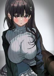 Rule 34 | 1girl, :o, black hair, blue archive, blush, breasts, brown pantyhose, gradient background, grey background, hair ornament, hairclip, highres, large breasts, long hair, looking at viewer, pantyhose, ribbed sweater, rio (blue archive), saya (mychristian2), sitting, solo, sweater, turtleneck, turtleneck sweater, white sweater