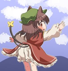 Rule 34 | 1girl, animal, animal ears, blush, brown hair, bug, butterfly, cat ears, cat tail, chen, dress, feet out of frame, green hat, hat, insect, long sleeves, mob cap, multiple tails, open mouth, outstretched arms, red dress, red eyes, rokugou daisuke, shirt, short hair, signature, smile, solo, spread arms, tail, touhou, two tails, white shirt