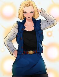 Rule 34 | 1girl, absurdres, android 18, blonde hair, breasts, denim, denim skirt, dragon ball, dragonball z, hand on own hip, highres, large breasts, long sleeves, looking at viewer, miniskirt, shadowcero, short hair, skirt, solo, standing