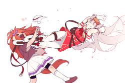 Rule 34 | &gt; &lt;, 2girls, :d, animal ears, blush, boots, brown hair, closed eyes, commentary request, drop kick, flying kick, frilled skirt, frills, ggubii0225, gloves, gold ship (umamusume), grey hair, horse ears, horse girl, horse tail, kicking, knee boots, kneehighs, long hair, mask, mouth mask, multiple girls, open mouth, orfevre (umamusume) (old design), pants, pillbox hat, pleated skirt, sharp teeth, simple background, skirt, smile, socks, tail, teeth, umamusume, unworn mask, white background, white footwear, white gloves, white pants, white skirt, white socks