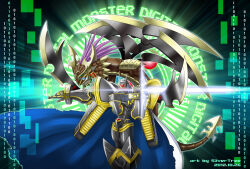 Rule 34 | alphamon, armor, blue eyes, cape, digicore interface, digimon, digimon (creature), dragon, highres, ouryumon, sword, tail, weapon, wings