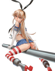 Rule 34 | 10s, 1girl, ass, black panties, blonde hair, blush, doyora, elbow gloves, from behind, gloves, hairband, hand on own ass, highres, kantai collection, long hair, looking at viewer, looking back, panties, phallic symbol, shimakaze (kancolle), skirt, solo, straddling, striped clothes, striped thighhighs, thighhighs, thong, underwear, white gloves
