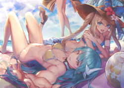 Rule 34 | 3girls, aqua hair, ball, bare shoulders, beach, beachball, bikini, blue bikini, blue bow, blue eyes, blue hair, blush, bow, breasts, cleavage, collarbone, day, fate/grand order, fate (series), hair between eyes, hair bow, hat, horns, kiyohime (fate), kiyohime (fate/grand order), kiyohime (swimsuit lancer) (fate), kiyohime (swimsuit lancer) (first ascension) (fate), large breasts, long hair, looking at viewer, lying, marie antoinette (fate), marie antoinette (fate/grand order), marie antoinette (swimsuit caster) (fate), marie antoinette (swimsuit caster) (third ascension) (fate), medium breasts, multiple girls, navel, on back, on stomach, open mouth, oukawa yuu, outdoors, reaching, reaching towards viewer, sky, smile, sun hat, swimsuit, twintails, ushiwakamaru (fate), ushiwakamaru (fate/grand order), ushiwakamaru (swimsuit assassin) (fate), ushiwakamaru (swimsuit assassin) (third ascension) (fate), very long hair, white hair, yellow bikini, yellow eyes
