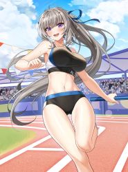 Rule 34 | 1girl, :d, absurdres, armpits, audience, bare arms, bare shoulders, black buruma, blue eyes, breasts, buruma, controlline3, counter:side, crop top, day, floating hair, grey hair, hair ornament, hair ribbon, highres, large breasts, leg up, long hair, looking at viewer, midriff, navel, open mouth, outdoors, ponytail, ribbon, running, seo yoon, sleeveless, smile, solo, sports bra, stomach, sweat, thighs, track and field, very long hair