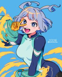 Rule 34 | 1girl, :d, blue bodysuit, blue eyes, bodysuit, boku no hero academia, energy, gloves, green bodysuit, hadou nejire, hand up, highres, looking at viewer, mommorua, multicolored bodysuit, multicolored clothes, official alternate hair length, official alternate hairstyle, open mouth, short hair, smile, solo, superhero costume, teeth, upper teeth only, v, v over eye, yellow gloves