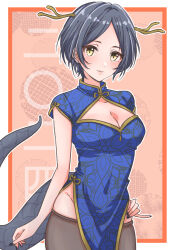 Rule 34 | 1girl, blue dress, blue hair, breasts, china dress, chinese clothes, cleavage, cleavage cutout, clothing cutout, covered navel, dragon horns, dragon tail, dress, earrings, groin, hayami kanade, highres, horns, idolmaster, idolmaster cinderella girls, jewelry, looking at viewer, mariabowl, medium breasts, parted bangs, short hair, smile, solo, tail, thighhighs, yellow eyes