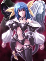 Rule 34 | 1girl, arc system works, asymmetrical wings, bare shoulders, blue hair, choker, dizzy (guilty gear), guilty gear, guilty gear x, guilty gear xx, hair ribbon, kagehara hanzou, necro (guilty gear), red eyes, ribbon, skull, smile, tail, tail ornament, tail ribbon, thigh gap, thighhighs, thighs, undine (guilty gear), wings
