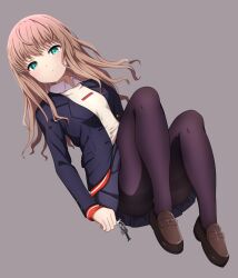 Rule 34 | 1girl, absurdres, ankh, black jacket, black pantyhose, blazer, brown footwear, cardigan, commentary, frown, green eyes, grey skirt, gridman universe, highres, jacket, knees up, light brown hair, loafers, long hair, long sleeves, looking at viewer, minami yume, noshimurin, pantyhose, pleated skirt, reclining, school uniform, shoes, skirt, solo, ssss.dynazenon, thighband pantyhose, yellow cardigan