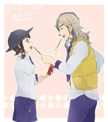 Rule 34 | 1boy, 1girl, :d, arven (pokemon), blush, braid, brown eyes, brown hair, collared shirt, commentary request, creatures (company), dated, food, from side, game freak, grey headwear, hand up, happy, hat, hatori a, holding, holding food, holding pocky, juliana (pokemon), necktie, nintendo, open mouth, outline, pants, pink background, pocky, pokemon, pokemon sv, purple necktie, purple pants, purple shorts, shirt, shorts, smile, teeth, tongue, upper teeth only, vest, white shirt, yellow vest