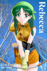 Rule 34 | 1girl, arrow (projectile), bandana, bow (weapon), braid, character name, copyright name, fire emblem, fire emblem: the blazing blade, green eyes, green hair, hair over shoulder, hissaa (starlight express), matching hair/eyes, nintendo, photo background, rebecca (fire emblem), skirt, solo, twin braids, twintails, weapon
