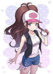 Rule 34 | 1girl, absurdres, antenna hair, baseball cap, black vest, blue eyes, blue shorts, brown hair, closed mouth, commentary request, creatures (company), eyelashes, game freak, hand up, hat, high ponytail, highres, hilda (pokemon), holding, holding poke ball, long hair, nintendo, open clothes, open vest, poke ball, poke ball (basic), pokemon, pokemon bw, shirt, short shorts, shorts, sidelocks, sleeveless, sleeveless shirt, smile, solo, todeu (cool8254), vest, white hat, white shirt