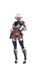 Rule 34 | 1girl, abs, armor, breasts, cameltoe, dark-skinned female, dark skin, elf, elfen king, feet, female focus, full body, game cg, groin, hair between eyes, hand on own hip, highres, hikage eiji, huracan, large breasts, legs, light smile, looking at viewer, lune (company), muse (elfen king), nana g, navel, original, pointy ears, red eyes, short hair, simple background, smile, solo, standing, tachi-e, thighs, thong, transparent background, white hair
