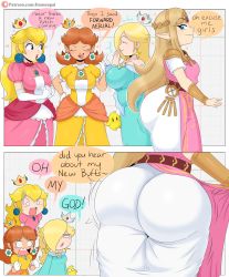 Rule 34 | 4girls, absurdres, ass, ass envy, belt, blonde hair, blue eyes, bouncing breasts, breasts, brown hair, crown, dress, earrings, english text, grid background, hair over one eye, hand to own mouth, highres, huge ass, jewelry, jinu (jinusenpai), large breasts, lipstick, long hair, looking at ass, makeup, mario (series), meme, multiple girls, nintendo, parted lips, pink dress, pointy ears, princess daisy, princess peach, princess zelda, rosalina, short hair, smile, smug, speech bubble, sphere earrings, super mario galaxy, super mario land, super smash bros., surprised, the legend of zelda, tight clothes, tight dress, white dress, wide hips, yellow dress