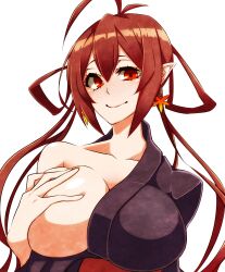 Rule 34 | 1girl, ahoge, breasts, cleavage, earrings, grabbing own breast, groping, hair rings, hand on own chest, highres, hz (666v), japanese clothes, jewelry, kimono, large breasts, looking at viewer, no bra, original, pointy ears, red eyes, red hair, smile, yukata