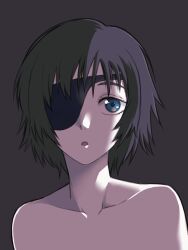 Rule 34 | 1girl, :o, bare shoulders, black background, black hair, blue eyes, chainsaw man, close-up, collarbone, commentary, eyelashes, eyepatch, himeno (chainsaw man), kikumaru bunta, looking at viewer, nude, open mouth, parted lips, portrait, short hair, simple background, solo