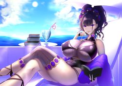 Rule 34 | 1girl, bare shoulders, beach chair, black one-piece swimsuit, blue sky, book, book stack, breasts, cloud, commentary request, crossed legs, cup, drinking glass, drinking straw, fate/grand order, fate (series), finger to mouth, flower, gloves, hair between eyes, hair flower, hair ornament, hair up, half gloves, highleg, highleg swimsuit, highres, holding, holding book, huge breasts, looking at viewer, murasaki shikibu (fate), murasaki shikibu (swimsuit rider) (fate), murasaki shikibu (swimsuit rider) (first ascension) (fate), ocean, one-piece swimsuit, purple eyes, shawl, shiroshisu, sidelocks, single thighhigh, sitting, sky, sun, swimsuit, thighhighs, umbrella, water