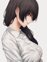 Rule 34 | 1girl, bralines, breasts, brown hair, closed mouth, collared shirt, from side, green eyes, hair over one eye, highres, hoshi san 3, large breasts, long hair, looking at viewer, looking to the side, mole, mole on neck, mole under eye, nape, office lady, one eye covered, original, profile, shirt, sideways mouth, simple background, solo, upper body, white background, white shirt, wing collar