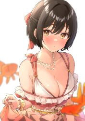 Rule 34 | 1girl, absurdres, armpit crease, b1ack illust, black hair, blurry, blurry foreground, blush, breasts, cleavage, collarbone, commentary, commission, depth of field, fingernails, fish, floating, goldfish, highres, idolmaster, idolmaster cinderella girls, jewelry, large breasts, looking at viewer, nail polish, necklace, pixiv commission, short hair, simple background, skirt hold, solo, takafuji kako, upper body, white background