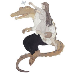 Rule 34 | 1girl, animal, barefoot, black pants, brown hair, bug, butterfly, child, claws, climbing, clothed animal, crocodile, crocodilian, dress, from side, highres, holding person, insect, long hair, long sleeves, original, pants, reaching, reaching towards viewer, sharp teeth, shirt, simple background, sitting, tail, teeth, tono (rt0no), white background, white dress, white shirt