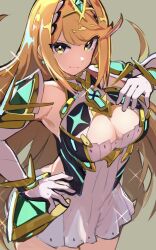 Rule 34 | 1girl, arm up, armor, blonde hair, breasts, cleavage, dress, earrings, eyeshadow, gem, gloves, hand on own hip, hand up, highres, hirotaka (hrtk990203), jewelry, large breasts, long hair, looking at viewer, makeup, mythra (xenoblade), shadow, simple background, sleeveless, smile, solo, tiara, upper body, white background, white dress, xenoblade chronicles (series), xenoblade chronicles 2, yellow eyes