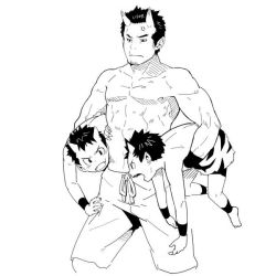 Rule 34 | 3boys, anger vein, brothers, carrying, carrying under arm, fangs, horns, image sample, male focus, monochrome, monster boy, multiple boys, muscular, oni, original, topless male, siblings, traditional youkai, zngo