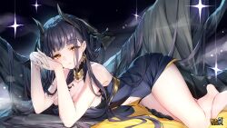 Rule 34 | 1girl, backless dress, backless outfit, bare legs, bare shoulders, barefoot, benghuai xueyuan, black hair, breasts, cleavage, clothing cutout, copyright name, dress, earrings, highres, honkai (series), horns, jewelry, large breasts, long hair, lying, navel, navel cutout, official art, scales, shelia (benghuai xueyuan), solo, tail, third-party source, yellow eyes