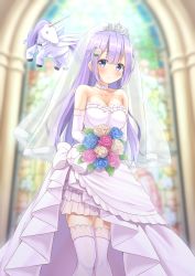Rule 34 | 1girl, absurdres, animal, azur lane, bare shoulders, black bow, black bowtie, blue flower, blue rose, blurry, blurry background, blush, bouquet, bow, bowtie, breasts, bridal veil, closed mouth, collarbone, collared shirt, commentary request, depth of field, detached sleeves, dress, earrings, flower, hair between eyes, head tilt, highres, holding, holding bouquet, indoors, jacket, jewelry, kugatsu tooka, long sleeves, looking at viewer, medium breasts, pants, purple eyes, purple hair, red flower, red rose, rose, see-through, shirt, smile, solo, stained glass, strapless, strapless dress, thighhighs, tiara, unicorn (azur lane), veil, wedding dress, white bow, white dress, white flower, white jacket, white pants, white rose, white shirt, white thighhighs, winged unicorn