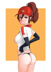 Rule 34 | 1girl, ass, baseball cap, black eyes, breasts, brown hair, blowing bubbles, chewing gum, elbow gloves, employee uniform, expressionless, fingerless gloves, gloves, hand on own hip, hat, league of legends, looking at viewer, looking back, medium breasts, no bra, no pants, pack of inu, panties, pizza delivery sivir, ponytail, see-through, shirt, sivir, solo, t-shirt, underwear, uniform