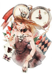 Rule 34 | 1girl, ace (playing card), ace of spades, banner, bare arms, between fingers, black collar, black dress, black headwear, black ribbon, blunt ends, brown hair, buttons, card, collar, commentary request, cowboy shot, cross-laced clothes, cross-laced dress, crown, detached collar, diamond (shape), dress, flower, grey eyes, hair between eyes, hand up, holding, holding card, huangpi sang, jewelry, lipstick, long hair, makeup, mini crown, original, painting (medium), parted lips, playing card, pleated skirt, pocket watch, red flower, red lips, red tulip, ribbon, ring, short dress, simple background, skirt, solo, spade (shape), strapless, strapless dress, traditional media, tulip, watch, watercolor (medium), white background, white wrist cuffs, wrist cuffs