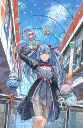 Rule 34 | 1girl, absurdres, ahoge, arm up, balloon, blue hair, bow, bowtie, breasts, center frills, cloud, daifuku (yukihana lamy), dress, earrings, frills, fur-trimmed sleeves, fur trim, gift, glass ceiling, hair between eyes, hair ribbon, hand up, heart, heart ahoge, highres, holding, holding balloon, hololive, indoors, jewelry, large breasts, long hair, long sleeves, open mouth, pointy ears, pom pom (clothes), railing, red bow, red bowtie, red ribbon, ribbon, see-through, see-through skirt, skirt, sky, snowflake earrings, snowflake print, solo, standing, tachikana, virtual youtuber, white dress, window, yellow eyes, yukihana lamy
