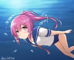 Rule 34 | 10s, 1girl, air bubble, blush, breath, bubble, don (29219), hair ribbon, holding breath, i-168 (kancolle), kantai collection, long hair, necktie, pink eyes, pink hair, ponytail, ribbon, school swimsuit, school uniform, serafuku, smile, solo, swimming, swimsuit, swimsuit under clothes, twitter username, underwater