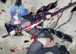 Rule 34 | 1girl, ass, black hat, black jacket, black thighhighs, blue hair, blurry, blurry foreground, chain, character request, closed mouth, copyright request, dress, eyepatch, from side, hat, high heels, highres, holding, holding sword, holding weapon, jacket, katana, long sleeves, motion blur, panties, scabbard, sheath, short dress, sideways glance, sleeveless, sleeveless dress, solo, sword, thighhighs, underwear, vardan, weapon, yellow eyes, zettai ryouiki