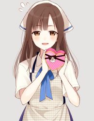 Rule 34 | 10s, 1girl, apron, blouse, blunt bangs, blush, box, brown eyes, brown hair, chisumi, flying sweatdrops, gift, grey background, hands up, head scarf, heart-shaped box, holding, holding gift, idolmaster, idolmaster cinderella girls, long hair, looking at viewer, mizumoto yukari, open mouth, shirt, short sleeves, simple background, smile, solo, upper body, white shirt