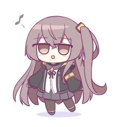 Rule 34 | 1girl, armband, brown eyes, brown hair, chibi, girls&#039; frontline, hair between eyes, hair ornament, jacket, kashimu, long hair, looking at viewer, musical note, one side up, open mouth, pantyhose, pleated skirt, scar, scar across eye, scar on face, shirt, simple background, skirt, smile, solo, ump45 (girls&#039; frontline), white background, yellow armband
