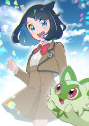 Rule 34 | 1girl, :d, black hair, blue eyes, blurry, bow, bowtie, brown jacket, brown skirt, cloud, commentary request, cowlick, creatures (company), day, game freak, hair ornament, hairclip, hand up, highres, jacket, liko (pokemon), long sleeves, looking at viewer, looking down, mitsuha (bless blessing), nintendo, open clothes, open jacket, open mouth, outdoors, pokemon, pokemon (anime), pokemon (creature), pokemon horizons, pokemon horizons, red bow, red bowtie, shirt, skirt, sky, smile, sprigatito, teeth, tongue, upper teeth only, white shirt