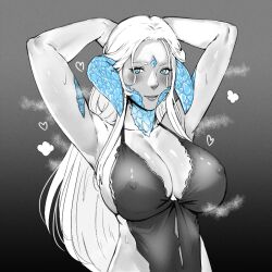 Rule 34 | 1girl, armpits, arms up, au ra, blue eyes, blush, breasts, dragon horns, dress, final fantasy, final fantasy xiv, gradient background, greyscale, horns, huge breasts, jamjamstyle, long hair, looking at viewer, monochrome, scales, solo, spot color, venat (ff14)
