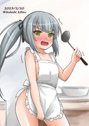 Rule 34 | 1girl, apron, apron pull, clothes pull, commentary request, contrapposto, cowboy shot, dated, embarrassed, flat chest, grey hair, highres, holding, kamiya tadato, kantai collection, kasumi (kancolle), kitchen, ladle, long hair, naked apron, one-hour drawing challenge, side ponytail, solo, twitter username, white background, yellow eyes
