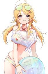 1girl absurdres ahoge ball beachball bikini bikini_under_clothes blonde_hair blush breasts commentary_request criss-cross_halter eyewear_on_head hachimiya_meguru hair_flaps hair_ornament halterneck highres holding holding_ball holding_beachball idolmaster idolmaster_shiny_colors long_hair looking_at_viewer medium_breasts navel nnnn print_shirt see-through see-through_shirt shirt short_sleeves simple_background smile solo star_(symbol) star_hair_ornament stomach swimsuit tied_shirt tinted_eyewear twintails very_long_hair white_background white_shirt