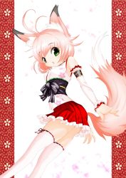 Rule 34 | 1girl, ahoge, animal ears, artist request, detached sleeves, dutch angle, female focus, fingernails, floral print, fox ears, fox tail, frilled skirt, frills, green eyes, highres, long fingernails, looking at viewer, miniskirt, open m/, open mouth, pink hair, sharp fingernails, short hair, skirt, solo, standing, straight hair, tagme, tail, thighhighs, white thighhighs, zettai ryouiki