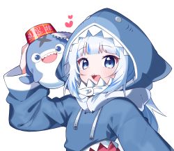 Rule 34 | 1girl, :d, animal hood, bloop (gawr gura), blue eyes, blue hair, blue hoodie, blush, commentary request, drawstring, gawr gura, gawr gura (1st costume), hand up, heart, highres, hololive, hololive english, hood, hood up, hoodie, long hair, long sleeves, looking at viewer, multicolored hair, open mouth, romaji commentary, shark hood, sharp teeth, smile, streaked hair, teeth, tosyeo, upper body, virtual youtuber, white hair, wide sleeves