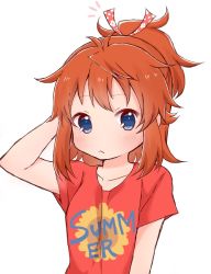 Rule 34 | 1girl, :&lt;, arm up, blue eyes, blush, brown hair, closed mouth, clothes writing, collarbone, commentary request, koshigaya natsumi, long hair, looking at viewer, non non biyori, notice lines, ponytail, red shirt, shika (s1ka), shirt, short sleeves, simple background, solo, upper body, white background