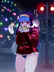 Rule 34 | 1girl, alternate costume, anamochi, blue buruma, blue hair, blunt bangs, blush, breath, building, buruma, christmas, christmas tree, cold, covering own mouth, cowboy shot, female focus, fur-trimmed jacket, fur-trimmed sleeves, fur trim, gloves, habit, hands up, have to pee, highres, holding, jacket, japanese text, kula diamond, lamppost, long sleeves, night, night sky, outdoors, own hands together, sack, sky, skyscraper, solo, speech bubble, standing, the king of fighters, translation request, tree