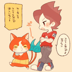 Rule 34 | 10s, 1boy, amano keita, belt, blush, boots, brown hair, cat, chiyoko (oman1229), crossed arms, flame-tipped tail, haramaki, jibanyan, multiple tails, notched ear, open mouth, red shirt, shirt, short hair, simple background, speech bubble, star (symbol), tail, traditional youkai, two tails, walking, watch, wristwatch, youkai watch