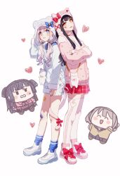 Rule 34 | animal ear headwear, bandaid, bandaid on leg, black hair, cardigan, cat tail, chibi, chibi inset, crossed arms, facepaint, fake animal ears, fingernails, full body, fur-trimmed cardigan, fur trim, grey hair, heart, highres, hood, hooded jacket, idolmaster, idolmaster shiny colors, jacket, looking at viewer, looking to the side, mayuzumi fuyuko, p4z56, plaid, plaid skirt, pleated skirt, red skirt, serizawa asahi, shoes, skirt, sneakers, star (symbol), star sticker, tail, tail around another&#039;s leg, thighhighs, twintails, white thighhighs